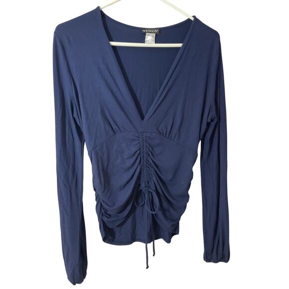 New Venus Navy Knit Blouse Size M Shirred Crop - Picture 1 of 7